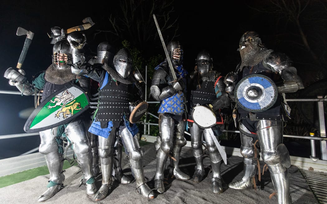 Knights of Auckland's Dreadnoughts Medieval Combat prepare for buhurt battle.