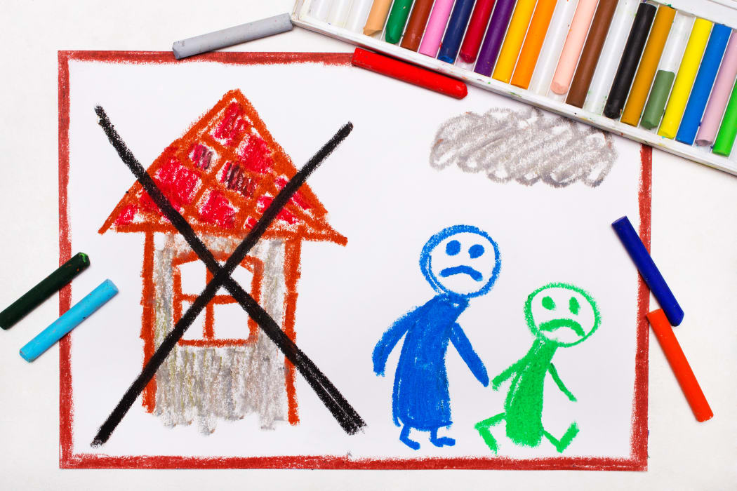 Colorful drawing: Two sad people leave their home. The problem of homelessness, eviction or moving out