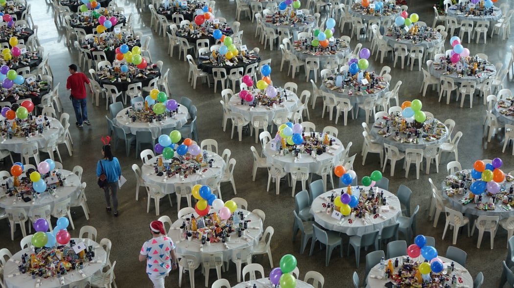Tables set up ready to go at the Auckland City Mission Christmas lunch.