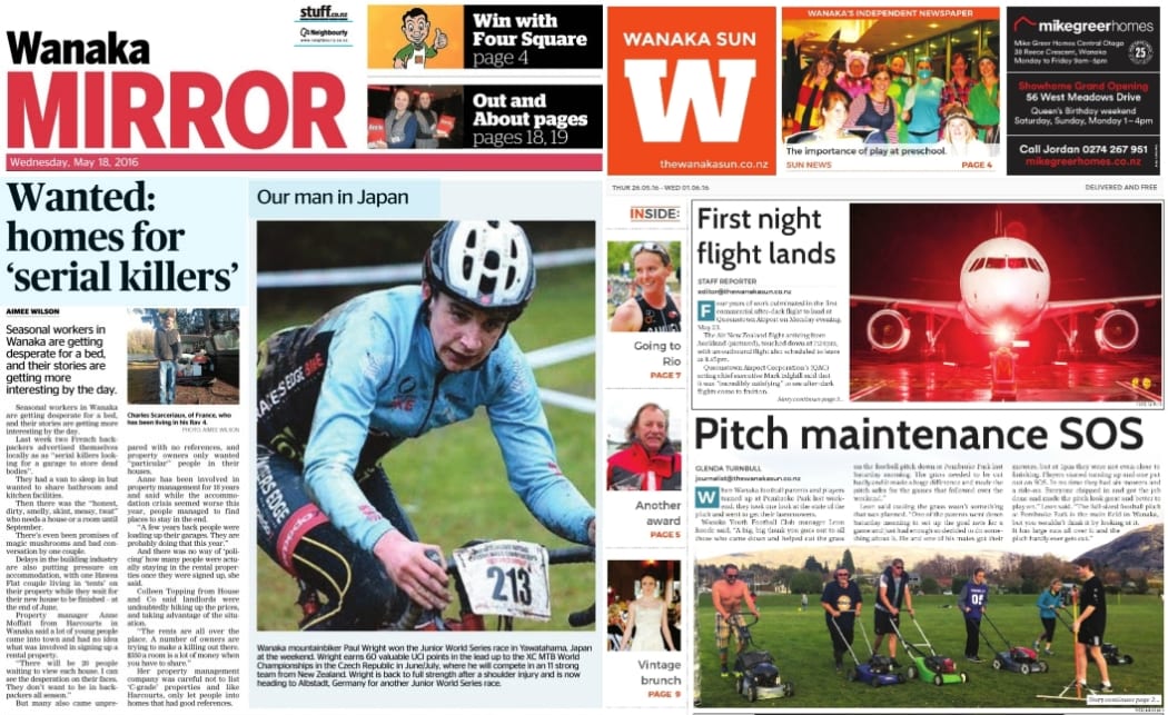 Front pages of rival papers: the locally-owned Wanaka Sun and its fairfax media rival Wanaka Mirror