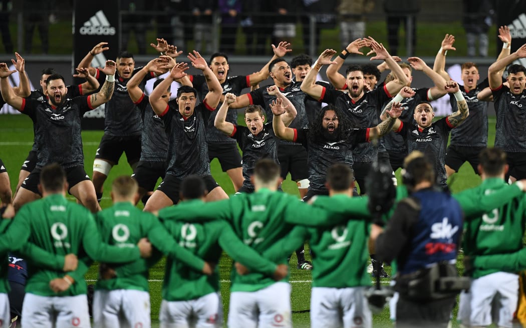 Māori All Blacks perform a haka ahead of the start of the match against Ireland at FMG Waikato Stadium, Hamilton, New Zealand on 29 June 2022.