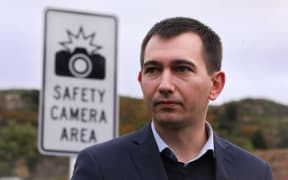 Simeon Brown and Porirua mayor Anika Baker at the speed camera announcement in Aotea on 16 July 2024.