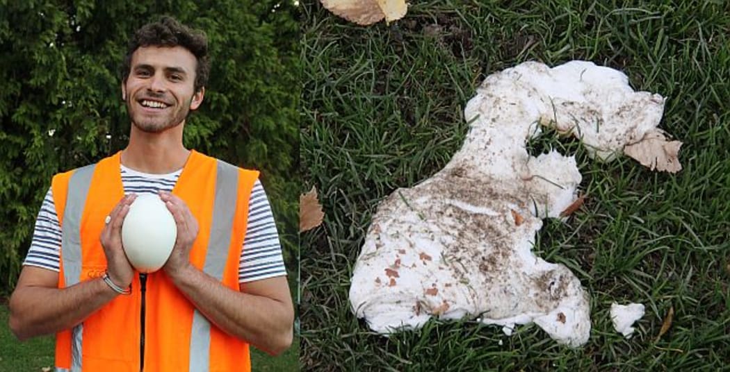 George Williams holds an analogue lava bomb, made from silly putty enclosed in a condom (left). After being fired from the trebuchet the silly putty ballistic spun in mid-air and then landed like a cowpat (right).