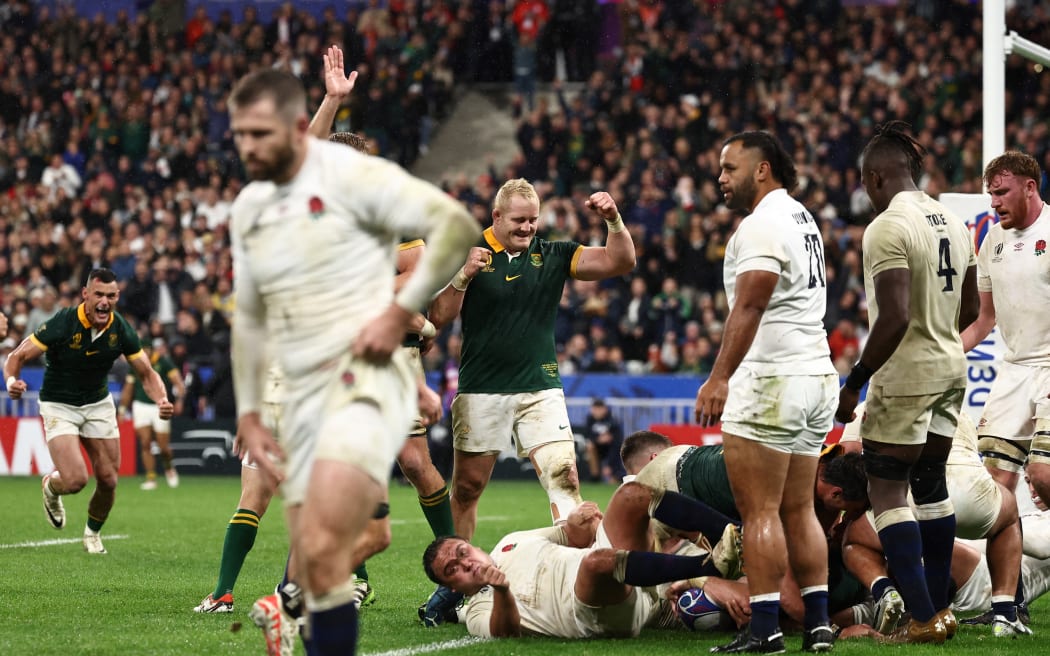 South Africa score the only try in the Rugby World Cup semi-final match against England at the Stade de France in Saint-Denis.