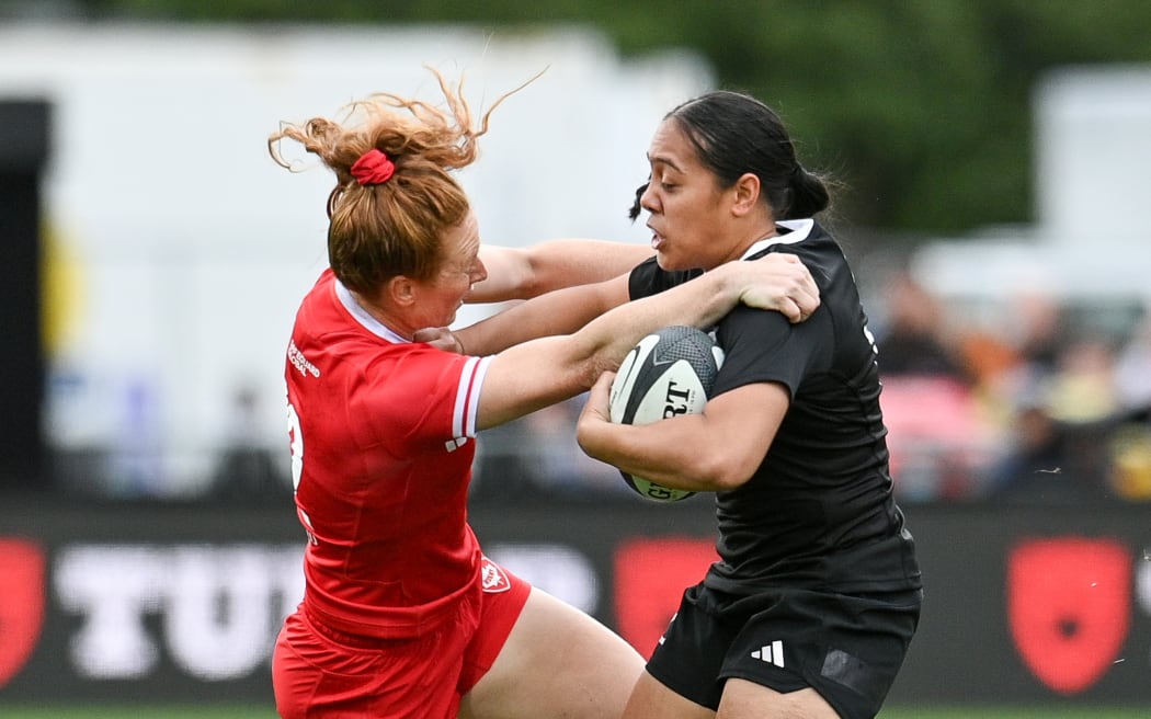 Logo-i-Pulotu Lemapu-Atai'i Sylvia Brunt of the Black Ferns fends off Alexandra Tessier of Canada during the womens rugby match, New Zealand Black Ferns  v Canada at Apollo Projects Stadium, Christchurch, New Zealand, 17th May 2025. Copyright photo: John Davidson / www.photosport.nz