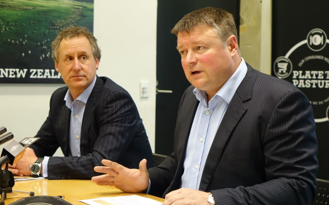 Silver Fern Farms chairman Rob Hewett (right) and chief executive Dean Hamilton, at today's press conference at the company's Dunedin headquarters.