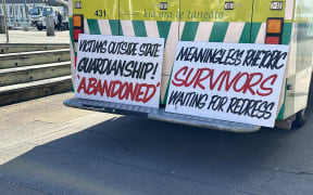 Protestor and advocate for survivors of abuse in care refused to watch NZ government apology which was broadcast to survivors in Wellington at Shed 6.