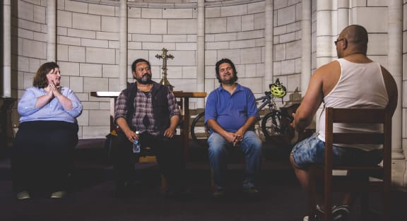 Hobson Street Theatre Company: from left, co-founder and co-director Bronwyn Bent, and actors Shadow, Rawiri and Kelly (plays the te reo teacher, in The Race).