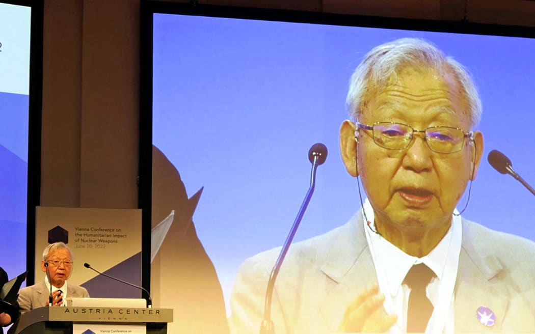 A-bomb survivor Sueichi Kido, delivers a speech during the Vienna Conference on the Humanitarian Impact of Nuclear Weapons in Vienna on 20 June, 2022, representing Japan's nuclear bomb survivors.

The Organizations is the only national organization of A-bomb survivors of Hiroshima and Nagasaki (Hibakusha) in Japan.( The Yomiuri Shimbun ) (Photo by Hiroki Mishima / Yomiuri / The Yomiuri Shimbun via AFP)