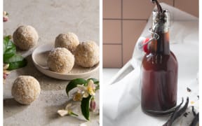 Lemon & Coconut Raw Ball (L) and homemade vanilla extract