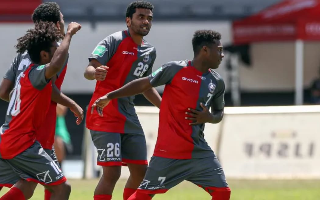 New Caledonia celebrate scoring the only goal of their OFC U-19 Championship 2022 quarter-final v Solomon Islands.