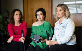 'Tell Me About It' podcasters: Stuff journalists Michelle Duff (L) and Kirsty Johnson (R) with producer Noelle McCarthy (Centre)