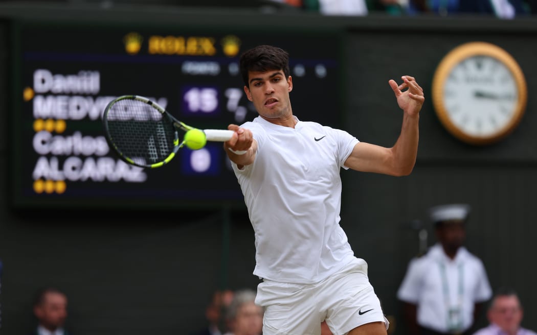 12th July 2024; All England Lawn Tennis and Croquet Club, London, England; Wimbledon Tennis Tournament, Day 12; Carlos Alcaraz (ESP) from the baseline against Daniil Medvedev (RUS), gentlemens singles semi final match