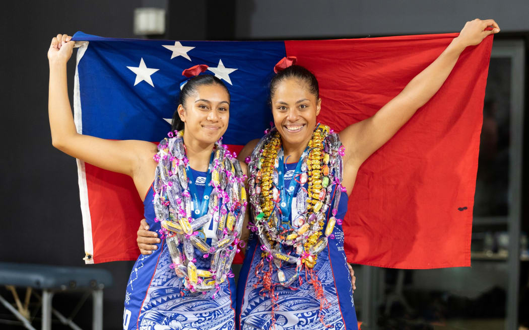 Samoa players celebrate their win in Brisbane. February 2025