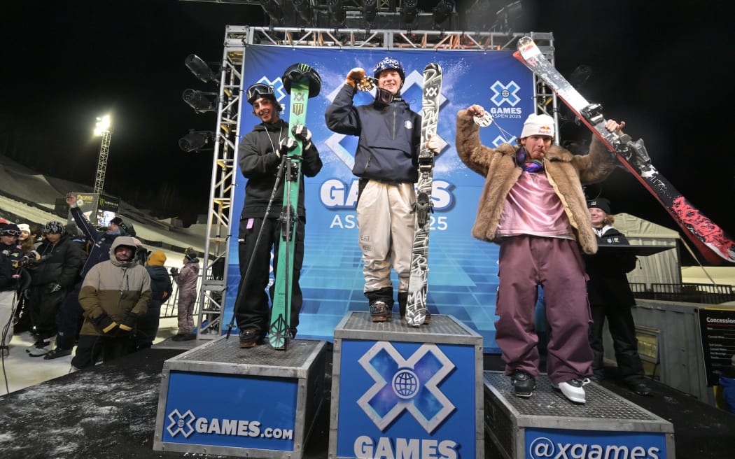 Luca Harrington (L), Miro Tabanelli, Matej Svancer on the men's ski big air podium at the 2025 X Games in Aspen.