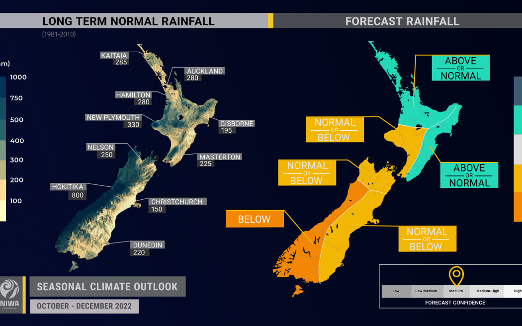 NIWA is forecasting normal rainfall is expected across most of the country from October until December 2022, although there is some risk of heavy rain in the north and east of the North Island.