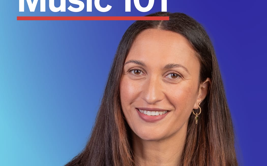 Podcast cover for Music 101 with Kara Rickard. Kara Rickard smiles at the camera against a blue-to-purple gradient background. The text "Music 101" appears in white with a red underline, and the RNZ logo sits in the bottom left corner.