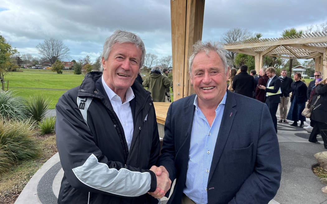 Minister for Land Information Damien O'Connor and Christchurch Mayor Phil Mauger celebrate the final handover of red-zone land from the Crown to the City Council at an event on 3 August, 2023.