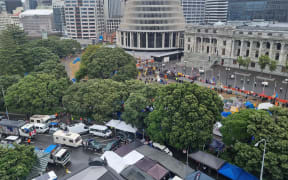 Protesters in Parliament grounds and vehicles blocking the central Wellington street outside.