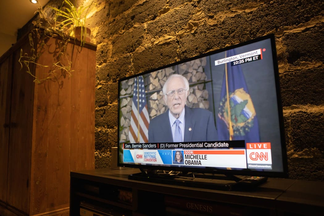 Bernie Sanders, shown on CNN,  speaking as part of the Democratic National Convention.