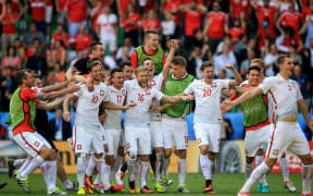 Poland celebrates its win against Switzerland on penalties in round of 16 of Euro 16.