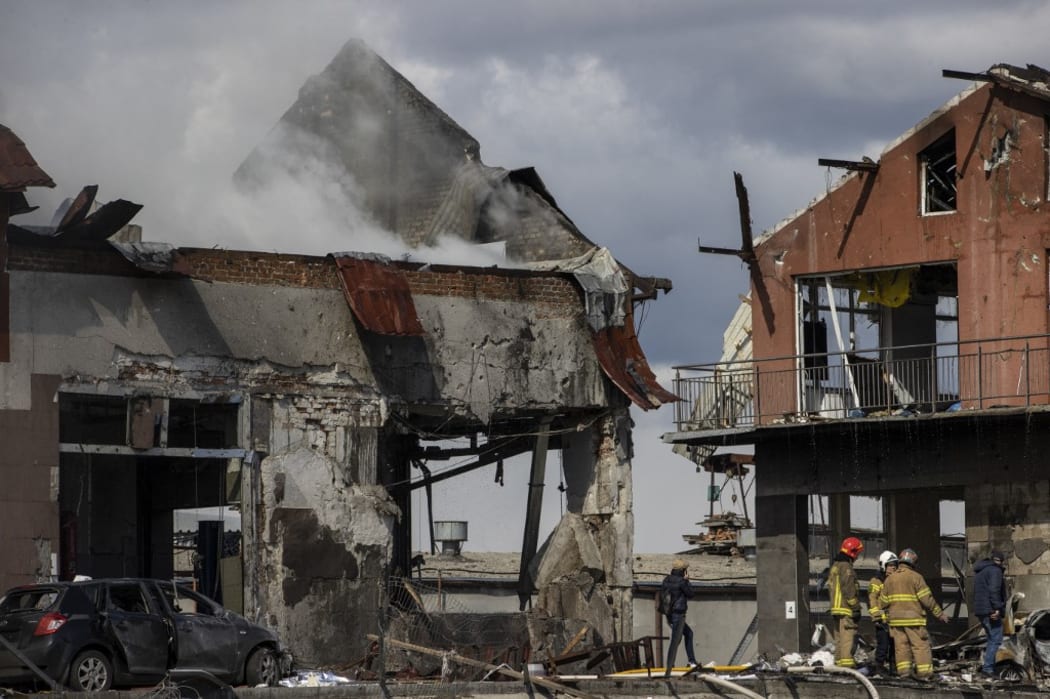 Damage to buildings after five aimed Russian missile strikes hit Lviv, Ukraine on 18 April, 2022, killing at least seven people, according to the city's mayor, Andriy Sadoviy.