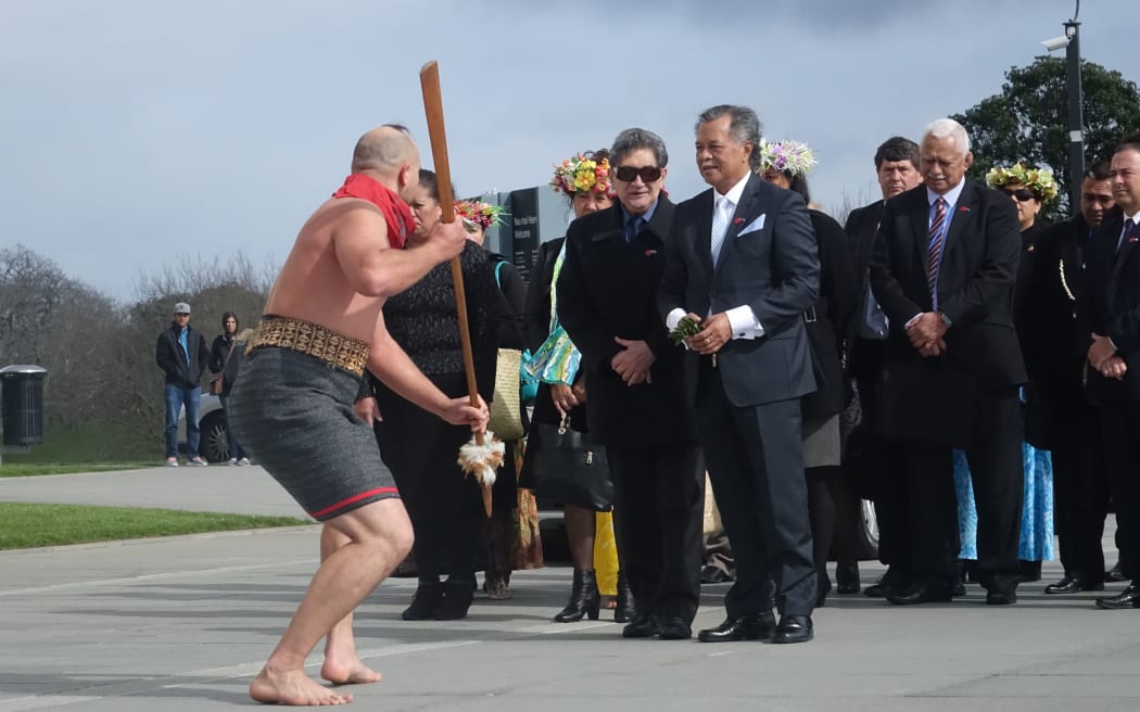 Cook Islands Prime Minister, Henry Puna, is welcomed in front of the Auckland War Memorial Museum.