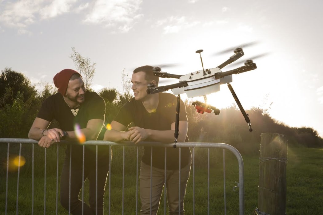 Haptly co-founders Rab Heath and Nelson Shaw with one of their monitoring drones.