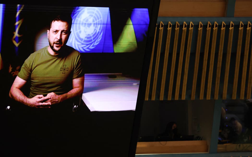 Ukrainian President Volodymyr Zelensky speaks to world leaders via a video link as they attend the during the 77th session of the United Nations General Assembly (UNGA) at the UN headquarters in New York City on 21 September, 2022.
