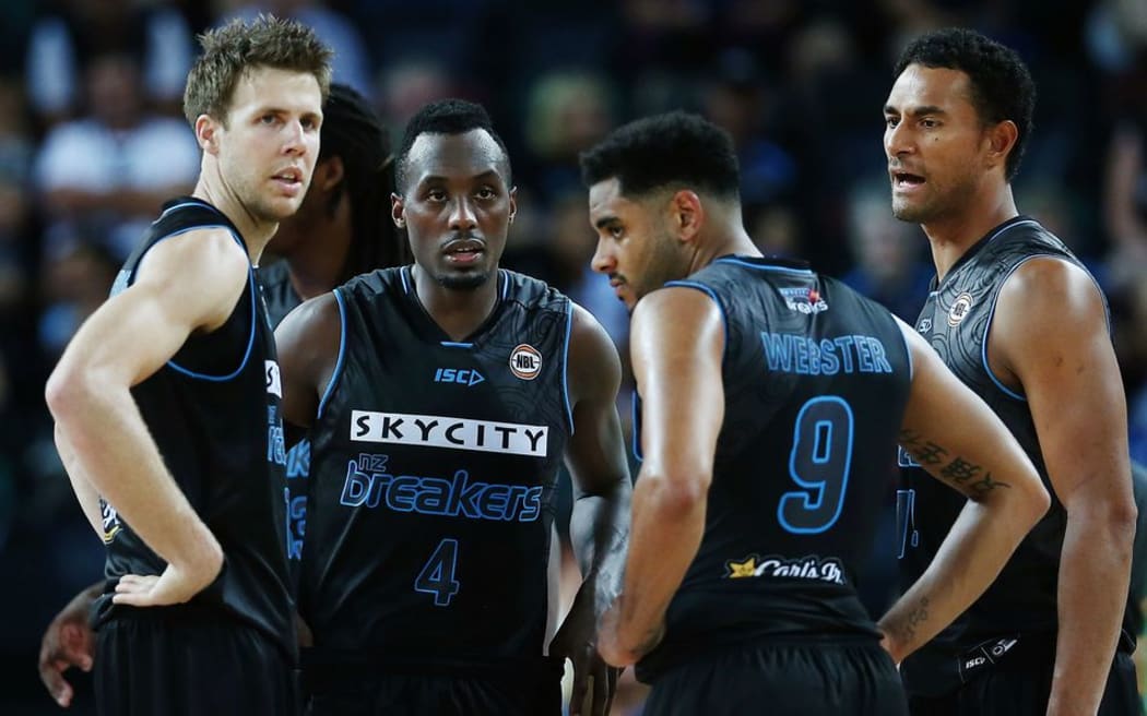 (L to R) Breakers stars Tom Abercrombie, Cedric Jackson, Corey Webster and Mika Vukona in their NBL game vs Townsville Crocodiles, Vector Arena, Auckland, 29 January 2016. Photo: Anthony Au-Yeung / www.photosport.nz