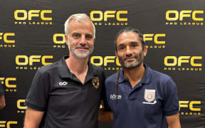 Vanuatu United FC Head Coach Lars Hopp and Bula FC Head Coach Stephane Auvray.