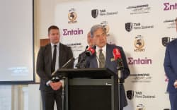 Winston Peters talks at a media conference called by New Zealand Thoroughbred Racing