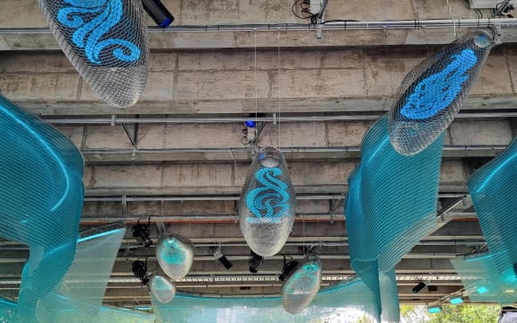 The interactive art installation 'Waimahara' by Graham Tipene fills what used to be a dingy underpass below Mayoral Drive.