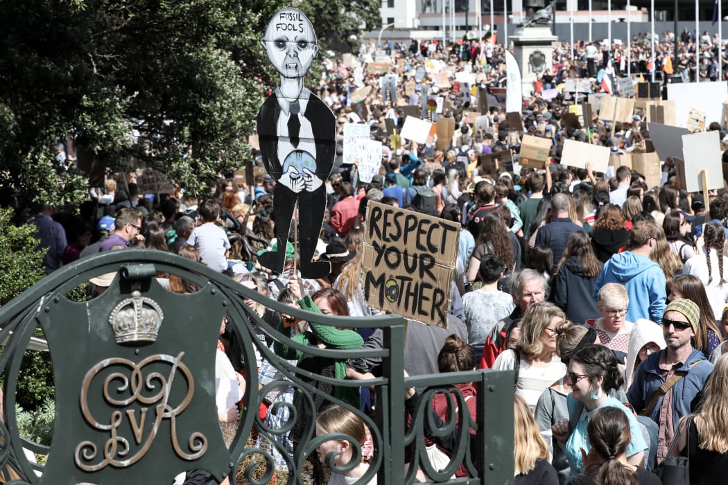 Climate Strike protestors seen from the gates of Parliament