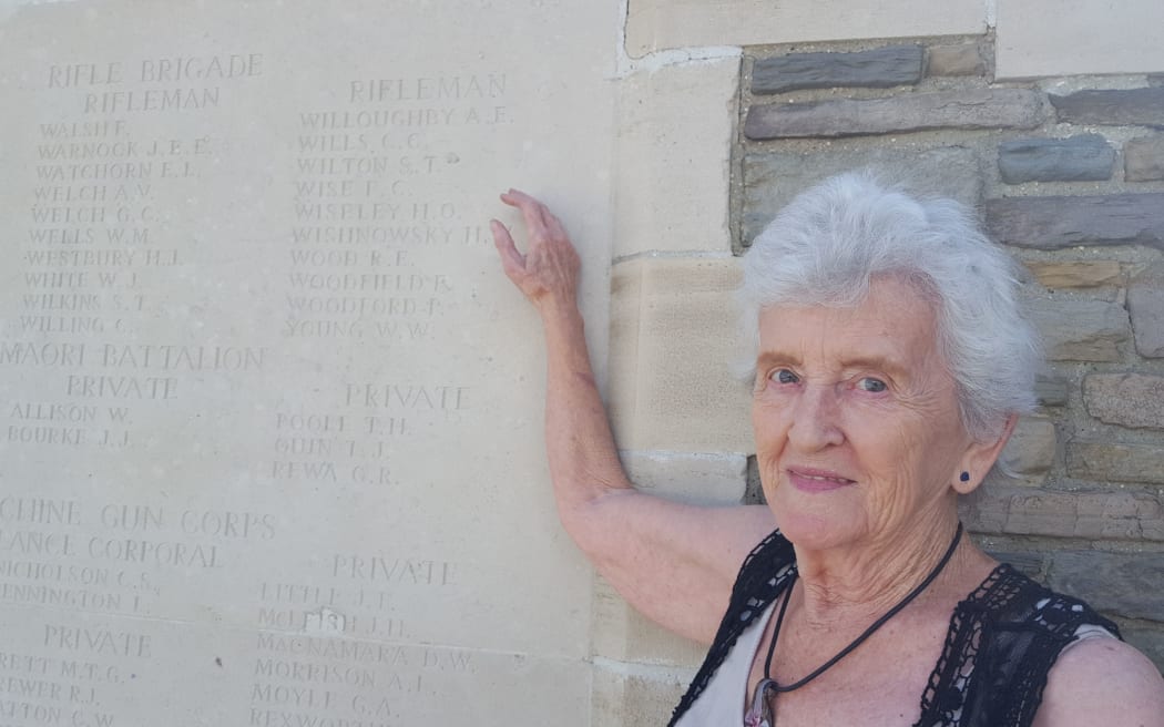 Shirley Field at the memorial where her great-uncle Sidney's name has been carved.