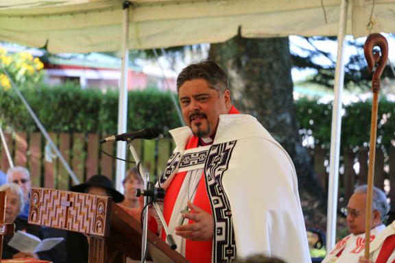 Bishop Don Tamihere delivers a Kauhau at the ordination ceremony, Waikari Marae, Tauranga.