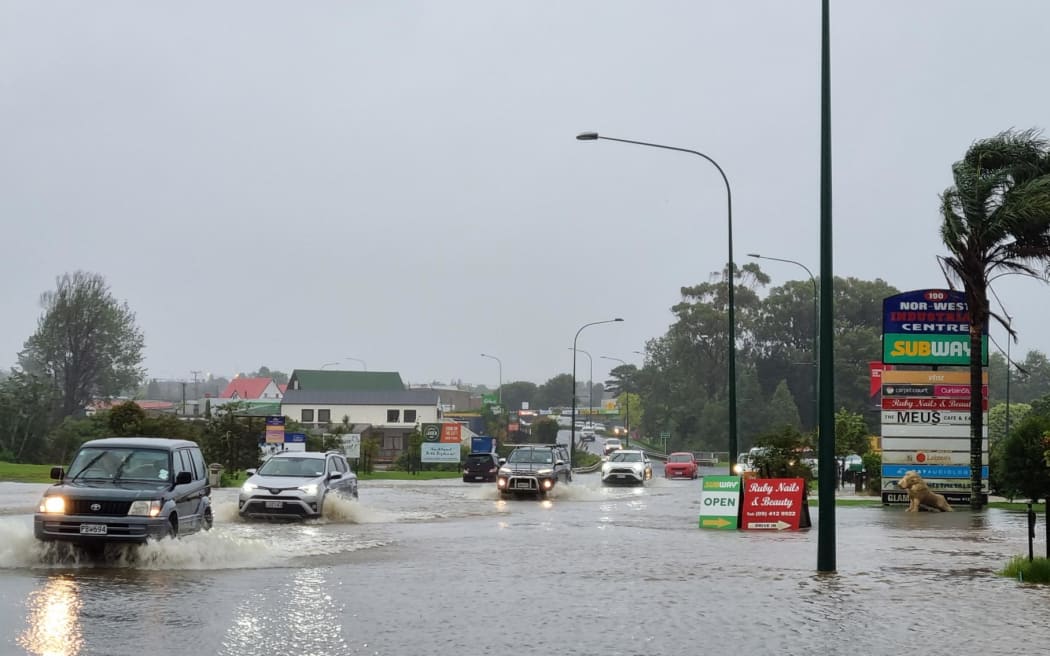 Flooding in Kumeū, Auckland after Cyclone Gabrielle hit the region overnight.