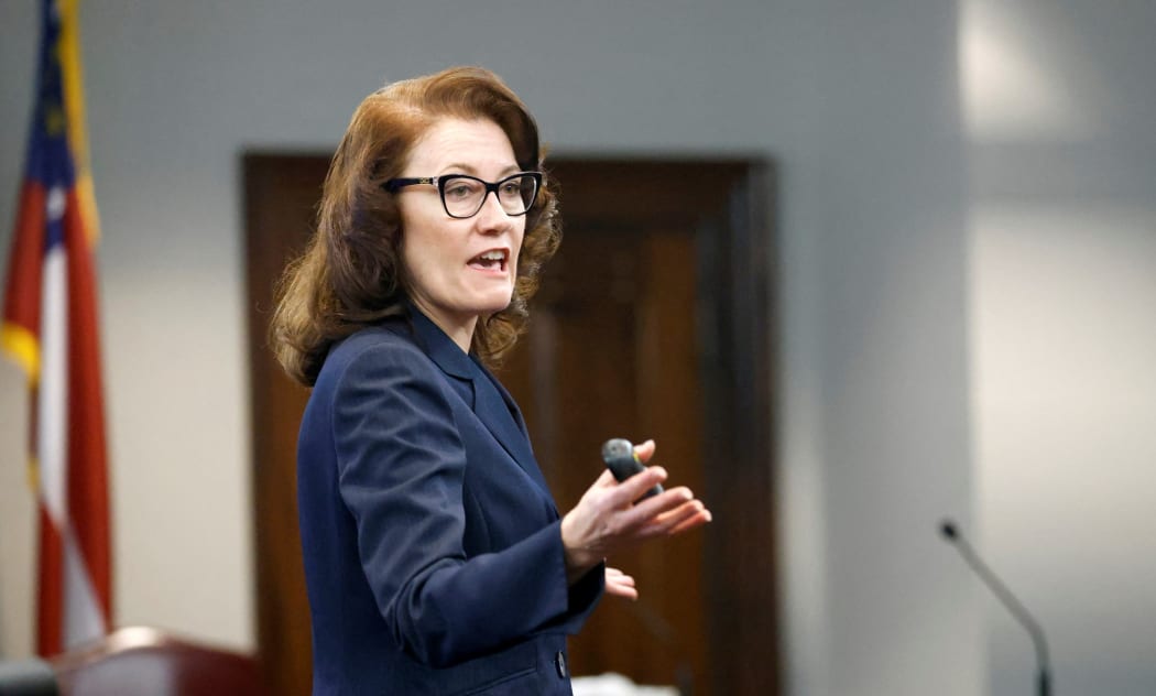BRUNSWICK, GEORGIA - NOVEMBER 05: Prosecutor Linda Dunikoski speaks during opening statements in the trial of the accused killers of Ahmaud Arbery at the Gwynn County Superior Court on November 5, 2021 in Brunswick, Georgia.