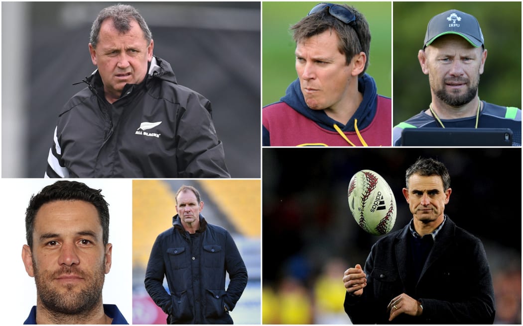 All Blacks head coach Ian Foster (Top left), David Hill (Bottom Left), John Plumtree (Middle Bottom), Brad Mooar (Middle Top), Greg Feek (Top Right) and Scott McLeod (Bottom Right).