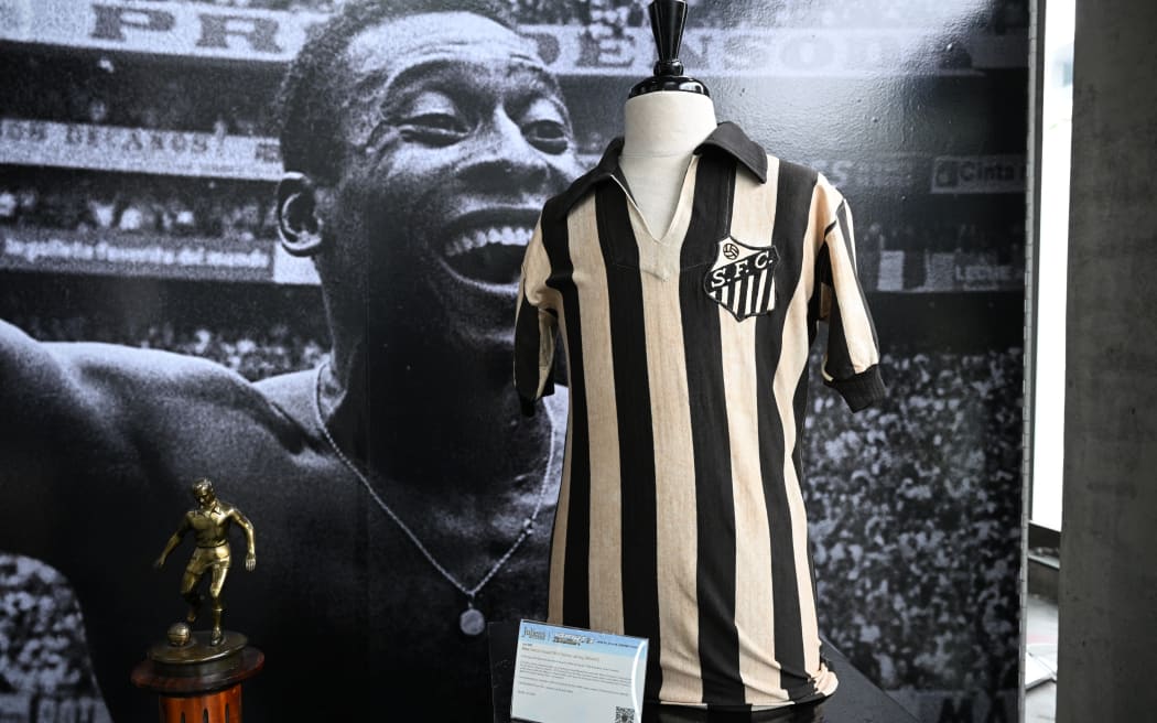 Football great Pele match-issued 1956 Santos Jersey is displayed ahead of an auction 2023.