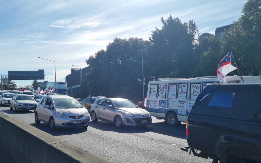Marchers took over part of the Auckland motorway during a protest on Saturday. The march was organised by the Freedom and Rights Coalition, and protests were direct at a number of causes and authorities, including anti-vaccines, anti-lockdowns, and anti-politician, with the slogan: "They all must go".
