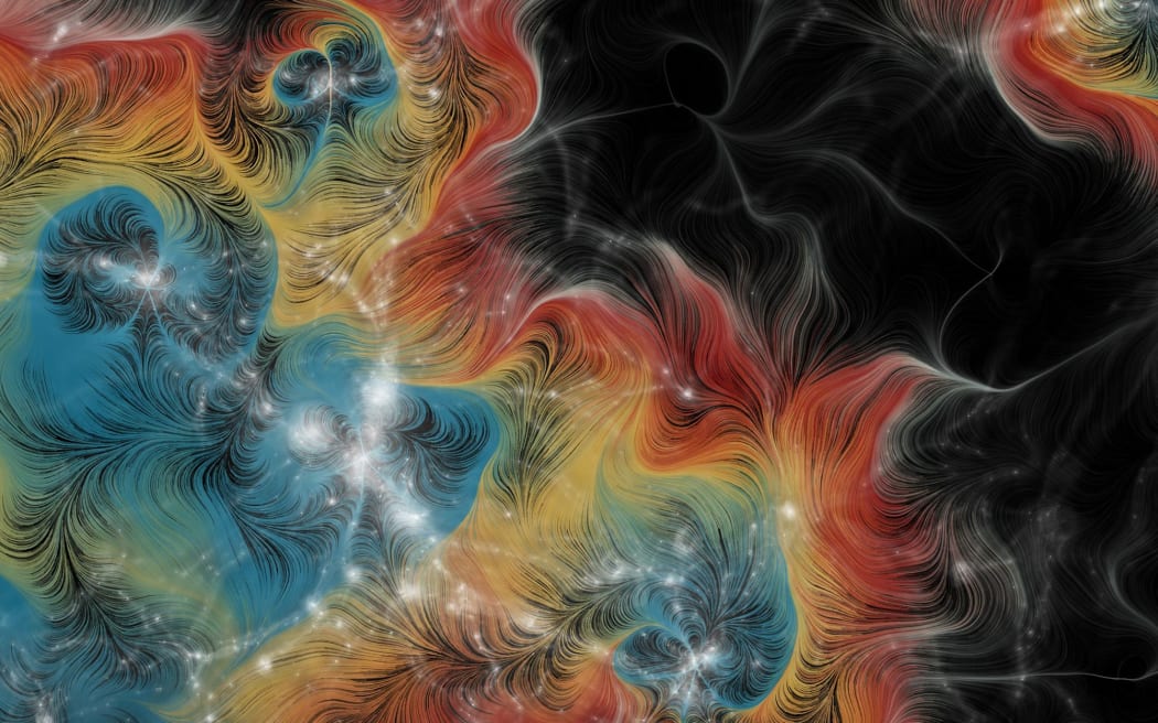 An artist's illustration depicts ordinary matter as pops of color in the spaces between galaxies.