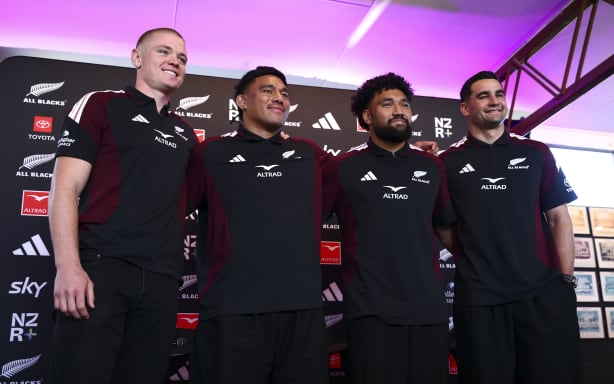 WELLINGTON, NEW ZEALAND - JUNE 22: L to R, Anton Segner, Xavier Numia, Fehi Fineanganofo and Josh Moorby pose during the New Zealand All Blacks Squad Announcement at Feilding Yellows Rugby Club on June 22, 2026 in Feilding, New Zealand. (Photo by Hagen Hopkins/Getty Images)