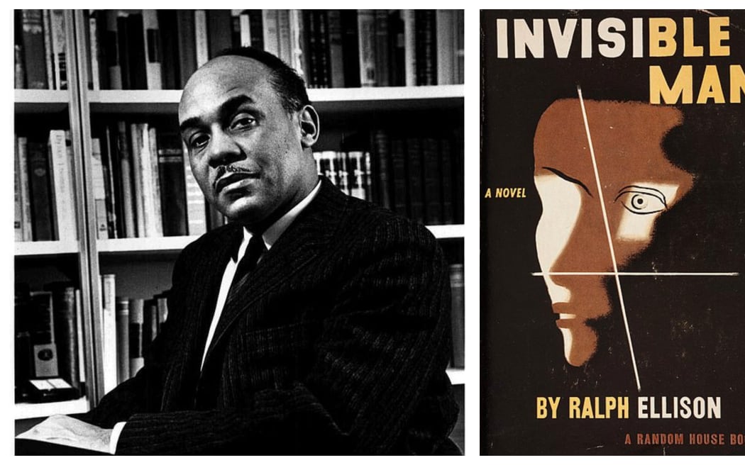 Ralph Ellison and the cover of the 1952 first edition of his book "Invisible Man"