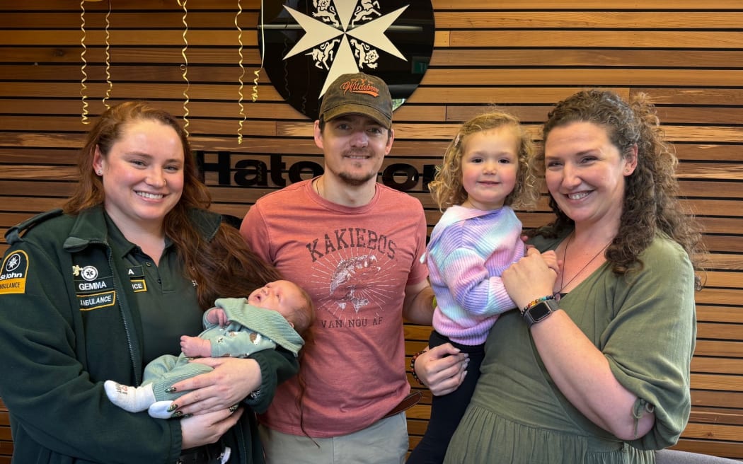 Hato Hone St John’s Gemma Cale with baby Leonard, John, Stella, Corné Fox.