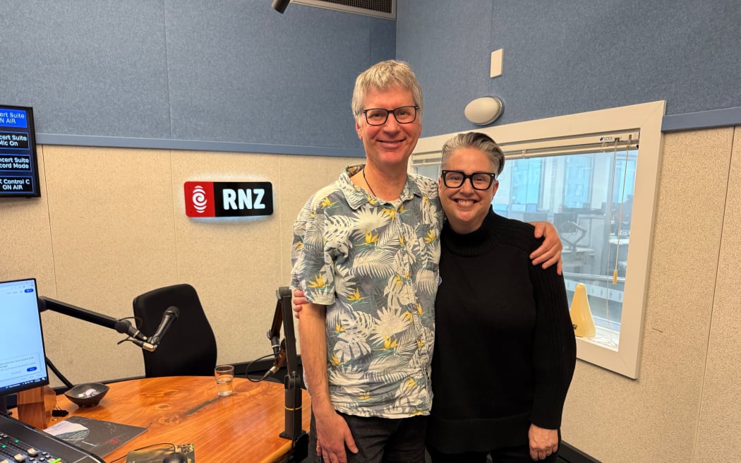 RNZ Concert host Bryan Crump with composer Victoria Kelly.