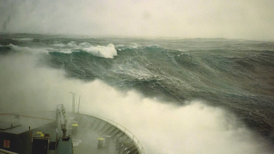 The Niwa survey ship Tangaroa in choppy Pacific waters.