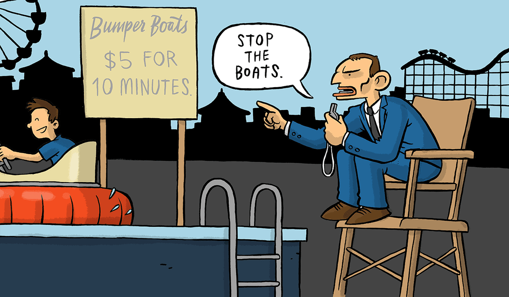 Tony Abbott sits on a lifeguard chair, saying 'stop the boats'