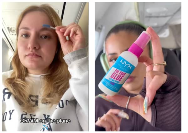 (Left) Berfin Yilmaz focuses on skincare when flying (right) Georgia Barrett finds makeup application therapeutic.