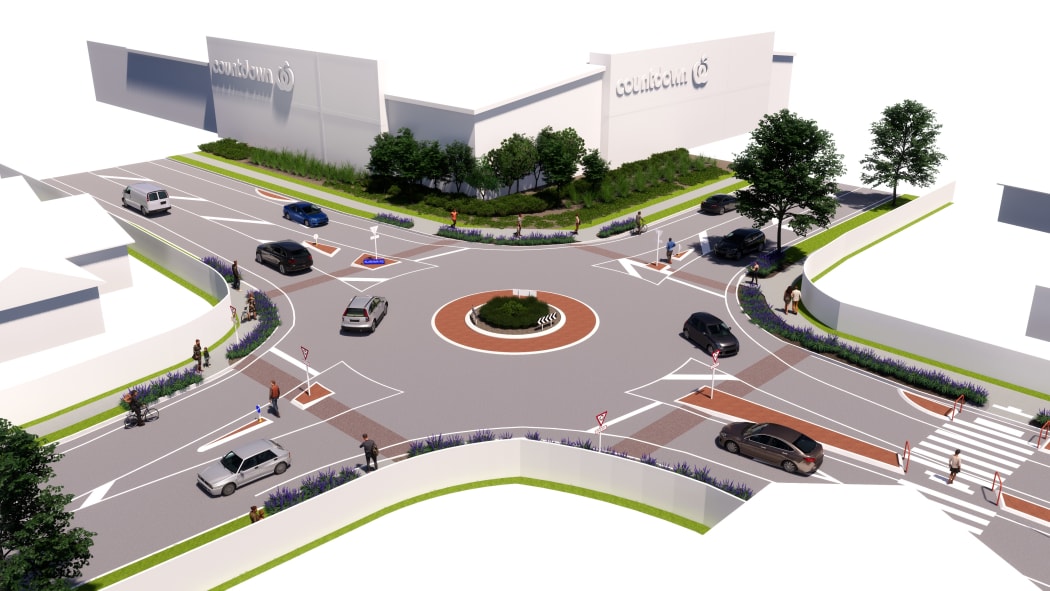 An artist's interpretation of what the Alabama Rd and Weld St roundabout will look like once the intersection has been "raised".